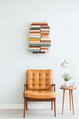 Poster - Mid-Century Modern Study Nook Antique Leather Armchair and Wooden Side Table - Scholarly Ambiance for Contemporary Office and Interior Design Inspiration