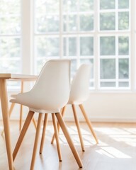 Poster - Scandinavian Minimalist Office Furniture White Contemporary Chairs with Wooden Legs in Sunlit Glass-Walled Meeting Room - Modern Design for Collaborative Workspaces
