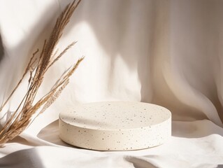 Poster - Minimalist Cream Round Podium Display Textured Natural Sculpture on Beige - Modern Design for Eco-Friendly Branding and Elegant Product Showcasing