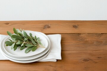 Aufkleber - Minimalist Dining Setup Wooden Table with White Ceramic Plates and Greenery - Stress-Free Home Decor and Modern Interior Lifestyle Promotion