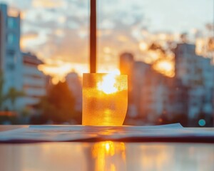 Poster - Golden Sunset Illumination on Textured Glass and Urban Skyline - Artistic Lighting Content and Modern Architectural Visualization for Urban Design Inspiration