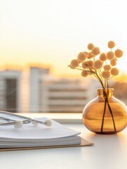 Poster - Serene Minimalist Medical Workspace Amber Glass Vase with Dried Flowers and Documents on White Desk - Content for Digital Healthcare and Lifestyle Branding