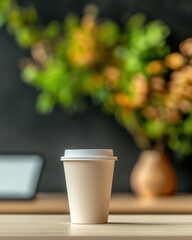 Poster - Minimalist Hybrid Coworking Cafe Unbranded Takeaway Cup and Digital Meeting Setup Against Modern Botanical Decor - Versatile Workspace and Remote Collaboration Hub