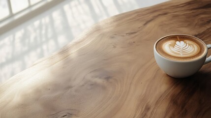 Poster - Rustic Minimalist Cafe Workspace Sleek Laptop and Latte Art on Natural Wooden Table - Modern Hybrid Office for Creative Professionals and Marketing Aesthetics