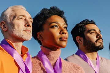 Aufkleber - Modern Community Solidarity Diverse Group with Purple Ribbons in Sunlit Park - Empowerment Campaign and Social Inclusion Visual Content