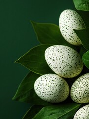 Poster - Eco-Chic Easter Design Speckled Eggs on Lush Green Leaves for Seasonal Promotion - Sustainable Holiday Marketing and Nature-Inspired Campaigns