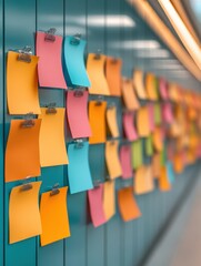 Poster - Vibrant Gradient Workspace Sticky Note Wall with Coordinated Layout and Tools - Office Creativity and Agile Project Planning for Collaborative Efficiency