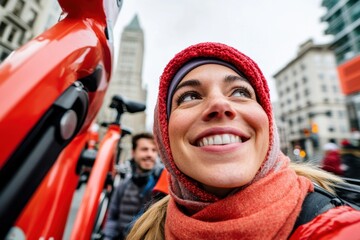 Aufkleber - Vibrant Urban Commuting Diverse Coworkers Embrace Eco-Friendly Bike Share in Lively Cityscape - Workplace Wellness and Sustainable Mobility Trends