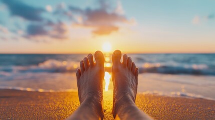 Aufkleber - Nature-Inspired VR Tourism First-Person View of Avatars Feet on Virtual Beach - Digital Immersion for Travel Experiences and Leisure Market