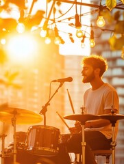 Aufkleber - Chic Sunset Stage Acoustic Drum Kit with Modern Lighting - Professional Music Setup and Live Performance Aesthetic for Urban Creative Content