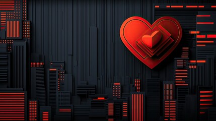 Poster - Red Heart Over Black Cityscape Abstract Art