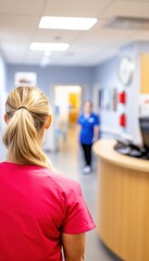 Leinwandbilder - Warm Industrial Modern Hospital Reception Supportive Staff in Minimalist Pine Setting - Enhancing Patient Experience in Healthcare Environments