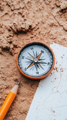 Poster - Vintage Aesthetic Compass on Textured Clay Surface with Map Adventurous Travel Content for Cultural Exploration and Global Navigation Marketing