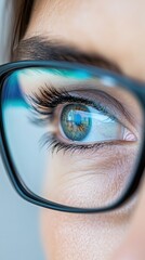 Aufkleber - Precision Healthcare Focus Macro Close-Up of Female Administrators Eye with Modern Glasses in a Professional Office - Digital Health Insights and Patient Care Optimization