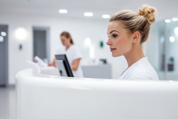 Aufkleber - Scandinavian Minimalism in Healthcare Modern Hospital Reception with Streamlined Workflow and Digital Records - Enhancing Patient Experience and Efficiency in Medical Facilities