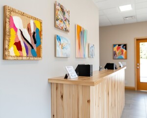 Aufkleber - Artisanal Healthcare Decor Wooden Reception Desk with Handwoven Art and Ceramic Card Holder - Contemporary Clinic Aesthetic and Patient Engagement