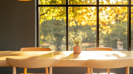 Poster - Warm Minimalist Cafe Interior Wooden Furnishings and Natural Light - Community Hub Design for Casual Networking and Social Content in Modern Hospitality Spaces