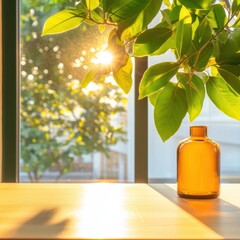 Poster - Sunlit Biophilic Office Mood Glass Decor with Vibrant Foliage on Wooden Desk Inspiring Sustainable Workspace and Eco-Friendly Design for Modern Professionals