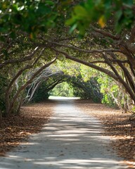 Poster - Serene Autumn Pathway Sunlit Tree Tunnel with Fallen Leaves - Nature-Inspired Visuals for Seasonal Marketing and Eco-Friendly Brand Storytelling