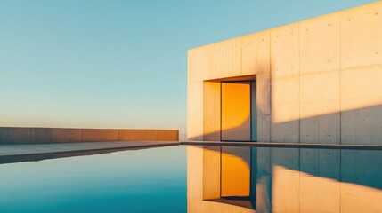 Poster - Reflective Poolfront Geometry Minimalist Concrete and Glass Architecture for Luxury Living Spaces - Modern Residential Design and Sustainable Urban Development