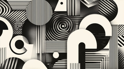 Fototapete - Chromatic Patterns symphony abstract geometry design, abstract shapes circle line triangle square in black and white background, themed abstract background with vibrant color pattern.