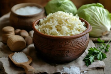 Sticker - Sauerkraut fermenting in rustic clay pot with fresh cabbage heads and rock salt