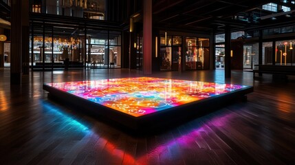 Wall Mural - vibrant illuminated art installation in a modern interior space with reflections and natural light