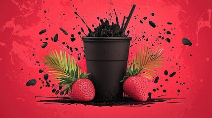 Poster - Black Drink Splash with Strawberries and Palm