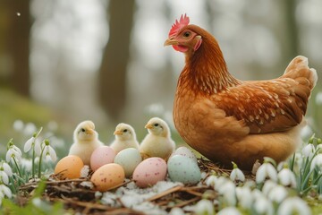 Wall Mural - Hen protecting chicks and easter eggs in the nest