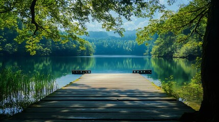 Poster - Tranquil Lake View with Dock Surrounded by Lush Green Trees : Generative AI