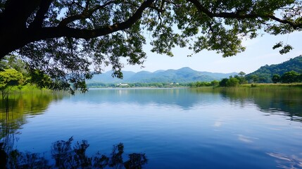 Poster - Serene Lake View Surrounded by Lush Greenery and Majestic Mountains Under a Clear Blue Sky : Generative AI
