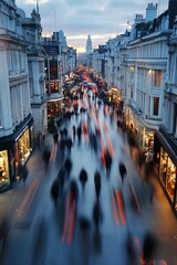 Poster - Busy city street in evening light bustling with pedestrians and colorful storefronts : Generative AI