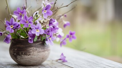 Poster - Beautiful Pot of Purple Flowers Displayed on a Rustic Wooden Table : Generative AI
