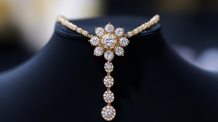 Aufkleber - Elegant gold necklace with sparkling diamonds showcased on a black display : Generative AI