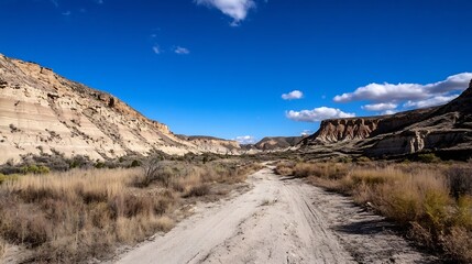 Aufkleber - Expansive desert landscape showcasing rugged cliffs and a dirt path under a bright blue sky : Generative AI