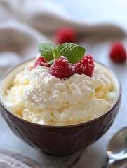 Poster - Delicious Creamy Dessert Topped with Fresh Raspberries and Mint Leaves Perfect for Treats : Generative AI