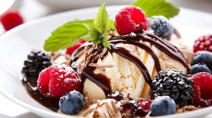 Poster - Delicious Dessert of Vanilla Ice Cream Topped with Fresh Berries and Chocolate Sauce : Generative AI