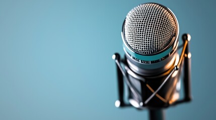 Wall Mural - close-up of a vintage microphone on a blue backdrop, capturing sound waves for a recording session