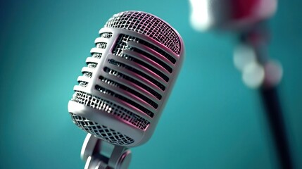 Wall Mural - Close-up of a vintage microphone on stage with soft lighting and blurred background elements