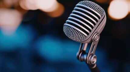 Wall Mural - close-up of a vintage microphone on a stage with blurred colorful lights in the background