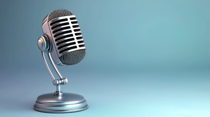 Wall Mural - vintage microphone on a stand with a soft blue background, ideal for music or podcast themes