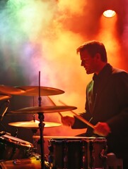 Aufkleber - Dynamic Performance of a Drummer in Colorful Stage Lighting for Music and Entertainment : Generative AI