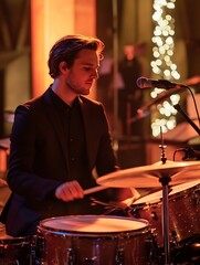 Aufkleber - Dynamic drummer performing passionately on stage with gentle lighting and a festive ambiance : Generative AI