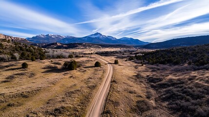 Aufkleber - Scenic Aerial View of a Serene Dirt Road Winding Through Beautiful Mountain Landscapes : Generative AI