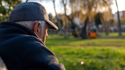 Poster - Elderly man sitting in a park reflecting on life during golden hour : Generative AI