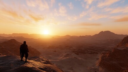 Aufkleber - Epic Sunset Landscape with Adventurer Silhouette Gazing Over Desert Mountains : Generative AI