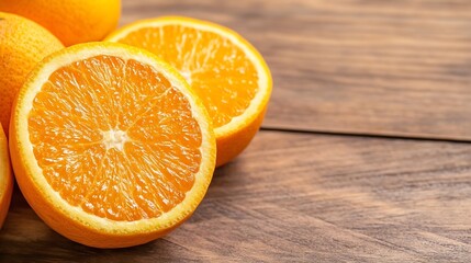 Poster - Fresh ripe oranges sliced open revealing juicy segments on a wooden surface : Generative AI
