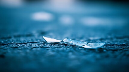 Poster - Close Up of Broken Glass Shards on Wet Asphalt Surface with a Dramatic Blue Hue : Generative AI