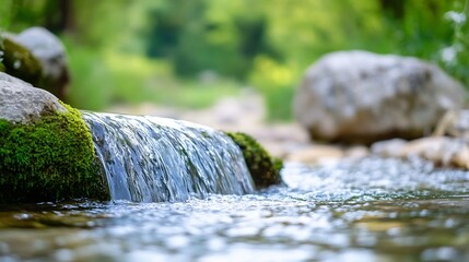Poster - Crystal Clear Stream Flowing Over Rocks Surrounded by Lush Greenery and Peaceful Nature : Generative AI