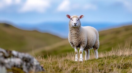 Poster - Adorable Sheep Standing on Green Grass Under a Beautiful Blue Sky in Nature : Generative AI